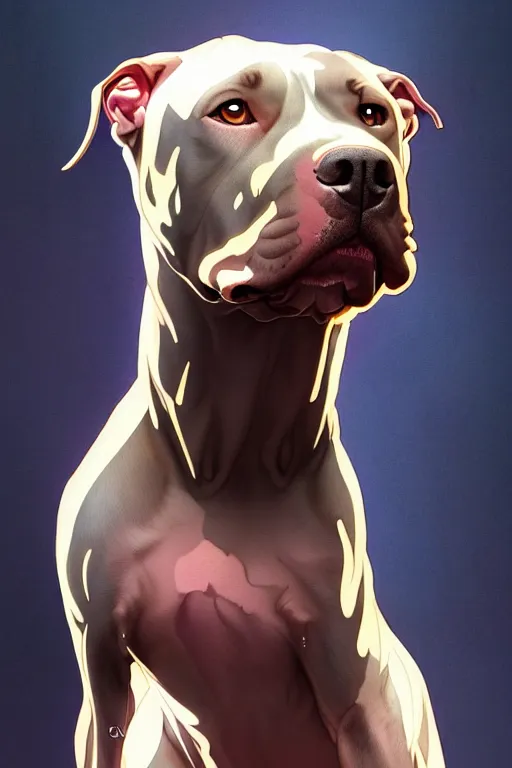 Image similar to clear portrait of a pitbull terrier, cottagecore!!, background hyper detailed, character concept, full body, dynamic pose, glowing lights!! intricate, elegant, highly detailed, digital painting, artstation, concept art, smooth, sharp focus, illustration, art by artgerm and greg rutkowski and alphonse mucha