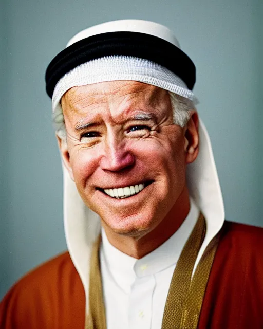 Prompt: a photo of joe biden as a muslim sheikh from the middle east ~ smiling ~ portrait ~ ektachrome ~ closeup ~ f / 2. 8