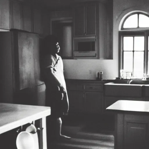 Image similar to grainy color photograph of a haunted being in a kitchen