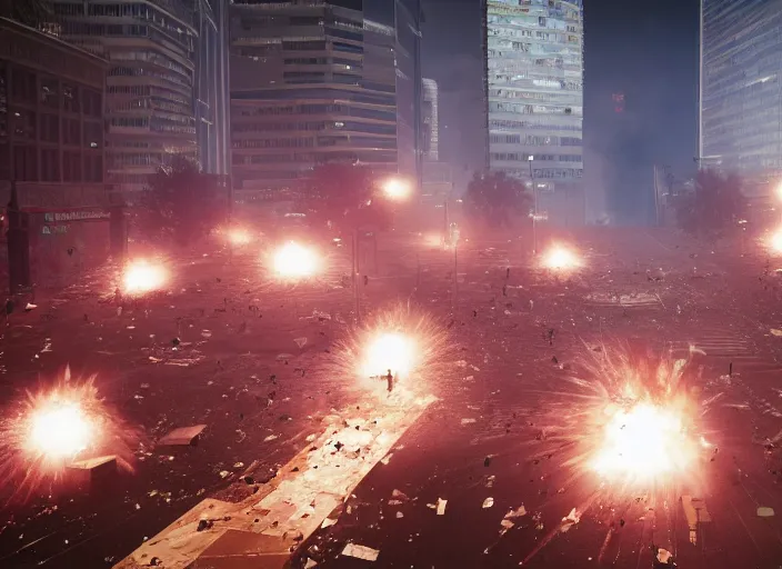 Image similar to crowd of working citizens protests war being dispersed by police while missles and bombs explode buildings in the city, DSLR 35mm, by WLOP and Aleksandr Deyneka and Andrei Popov, Unreal Engine 5, Lumen, Nanite