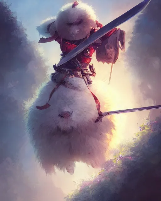 Image similar to whimsical fluffy warrior of hiyabusa square, scarf, sword and shield, close up, details, sharp focus, elegant, highly detailed, illustration, by jordan grimmer greg rutkowski wlop maya takamura, intricate, trending artstation, pixiv, digital art