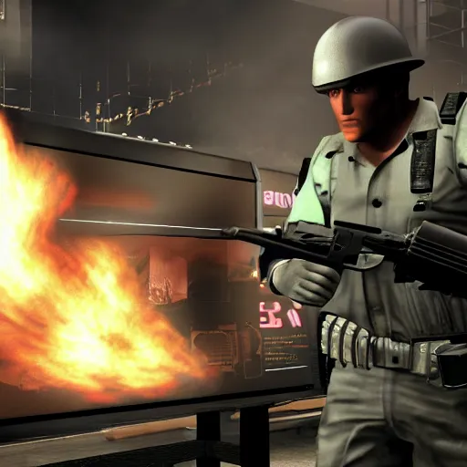 Prompt: drebin mgs4 trying to build a desktop computer on fire, game