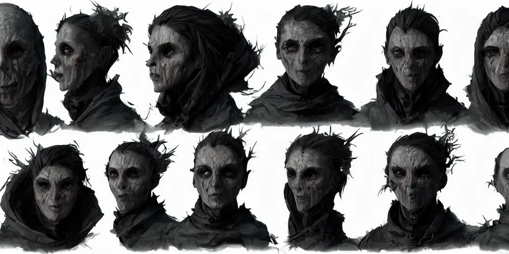 Image similar to gothic character face detail designs, Enki Bilal, Greg Rutkowski, character sheet, Darek Zabrocki, Karlkka, Jayison Devadas, Phuoc Quan, trending on Artstation, 8K, ultra wide angle, pincushion lens effect