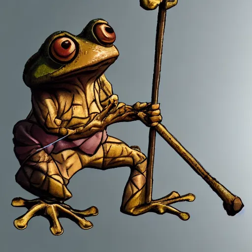 Prompt: A oldman frog holding himself with a staff. Artstation, Hiroaki Tsutsumi style