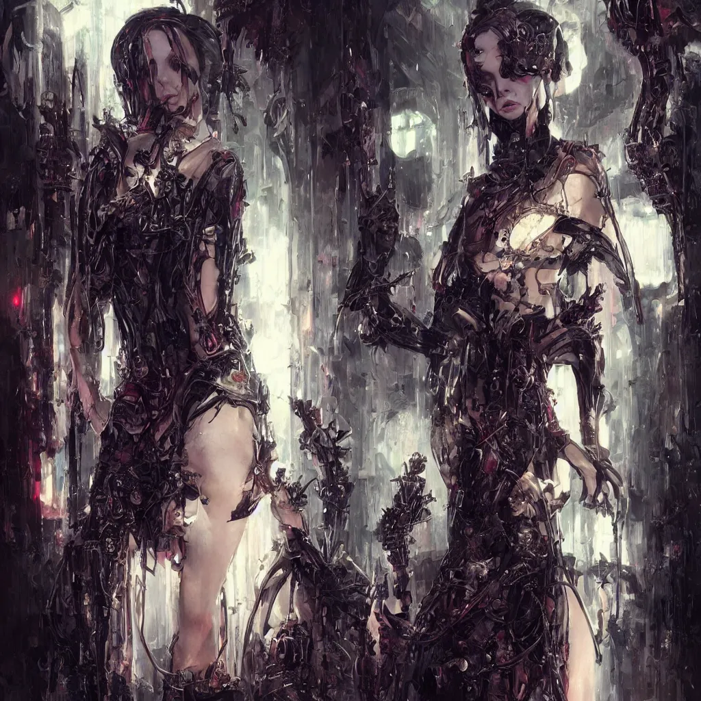 Image similar to fashionable gothic domme mistress, portrait, latex, cyberpunk altar, spikes by greg rutkowski, by yoshitaka amano, super - detail