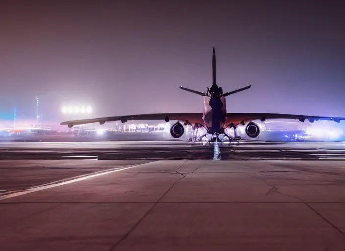 Prompt: immense futuristic jet plane arrives at runway of cyberpunk airport at night ,cinematic lighting