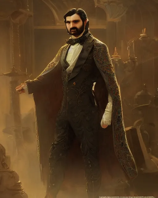 Image similar to nandor the relentless, from what we do in the shadows, kayvan novak, long black hair, half - body, 1 9 2 0 s suit, ornate cape, very detailed, intricate, cinematic, artstation, william bouguereau, daniel gerhartz, greg rutkowski, rossdraws, octane render