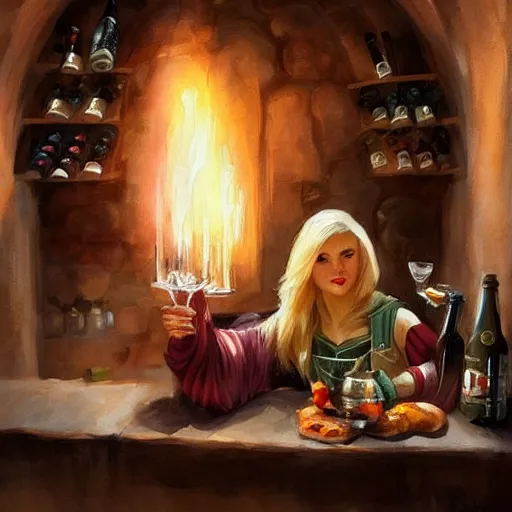 Image similar to blonde hot woman in wine cellar, boba fett!, drinking beer, eating meat, cozy, inviting, atmospheric, torches on the wall, watercolor! by vladimir volegov