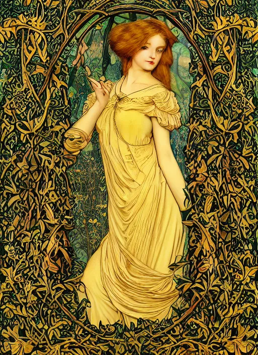 Image similar to masterpiece beautiful seductive flowing curves pose preraphaelite portrait photography, extreme close up, straight bangs, thick set, yellow ochre ornate medieval dress, mushroom forest arch, amongst foliage, william morris and kilian eng and mucha, framed, 4 k