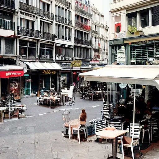 Prompt: une rue de paris vide avec des voitures garees, un restaurant avec une terrasse, des boutiques avec des neons, en debut de matinee en 1 9 9 0