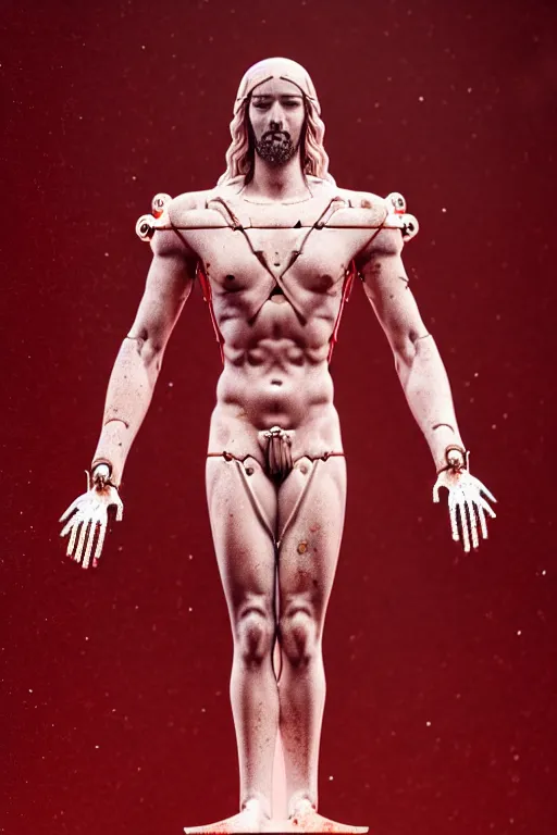 Image similar to a statue jesus on cross made of red marble, perfect symmetrical body, full body shot, white biomechanical, wearing epic bionic cyborg implants, space station, masterpiece, intricate, biopunk, vogue, highly detailed, artstation, concept art, background galaxy, cyberpunk, octane render