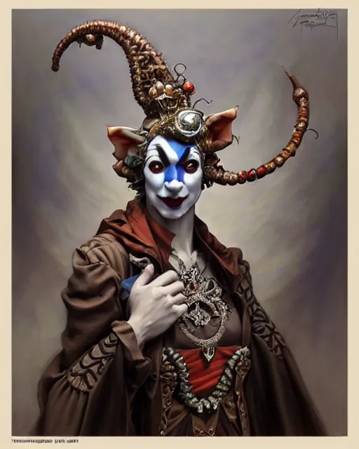 Image similar to front shot of a jester harlequin mastermind character, intricate, elegant, highly detailed, centered, (((artstation, concept art, smooth, sharp focus, artgerm, Tomasz Alen Kopera, Peter Mohrbacher, donato giancola, Joseph Christian Leyendecker, WLOP, Boris Vallejo))), mugshot!!!!!, ugly!!!!!!, octane render, nvidia raytracing demo, grainy, muted