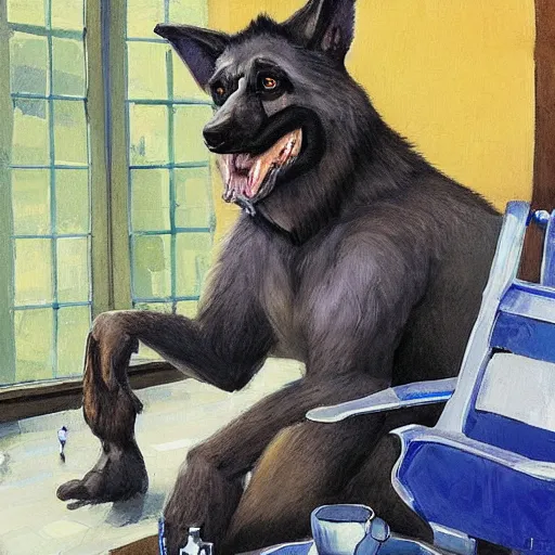 Image similar to a humanoid german shepherd beast - man, sitting and watching a soccer match in his house on television, he has hurt his knee and is a dad, by erin hanson, alexi zaitsev, karl spitzweg, award winning, tv set