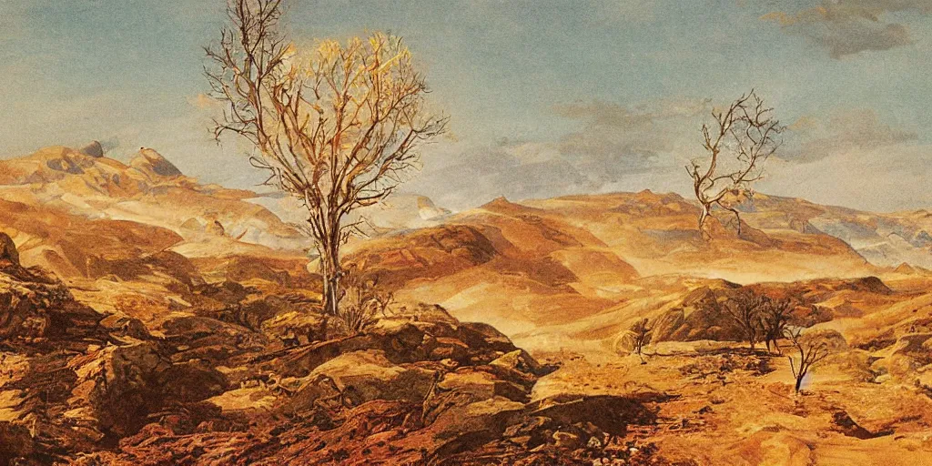 Prompt: illustration of a landscape made of dessert, (petro poster) by Reginald Montague Lander, (By Tom Purvis), By Joseph Binder