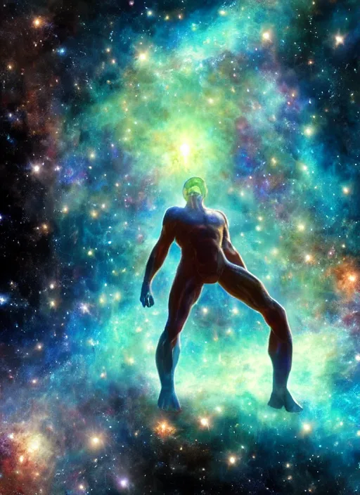 Image similar to nebula consciousness as a giant, stars surround him, interesting angle, sharp focus, 8 k high definition, insanely detailed, intricate, art by kazuya takahashi, fenghua zhong, sangsoo jeong, kevin hou