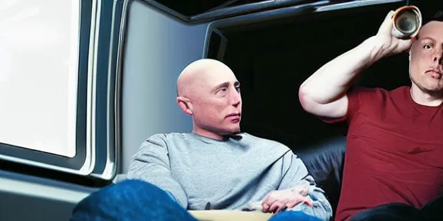 Image similar to full distant shot of bald and dirty elon musk in a tracksuit drinking beer in the couch while watching tv in a dirty trailer, very realistic photograph, cinematic lighting, by ken loach