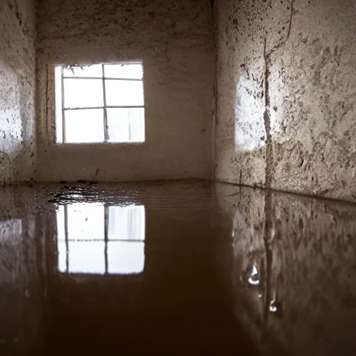 Prompt: drops in floor of a liminal space, unknown location, submerged in water, clean, stucco walls, shiny floors