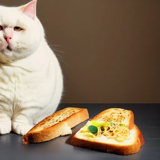 Prompt: obese cat sitting next to a slice of toast with indomie mi goreng noodles on top