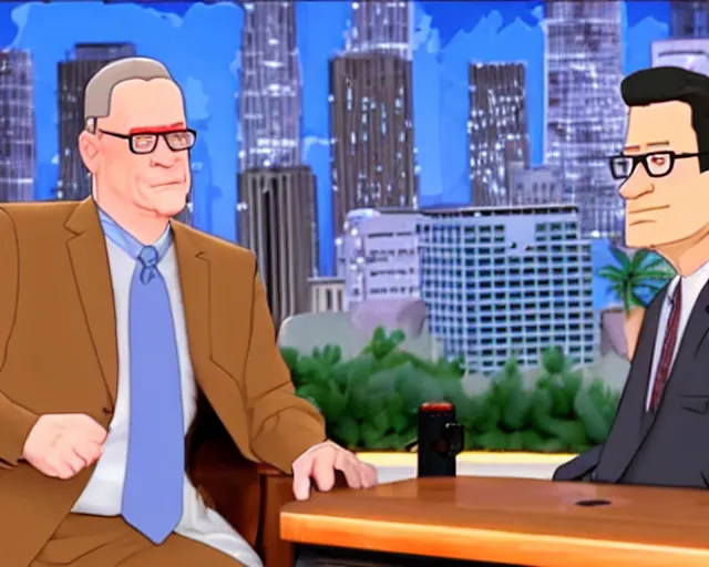 Image similar to upclose screenshot from hank hill being interviewed on an episode of the tonight show starring jimmy fallon. talk show set.