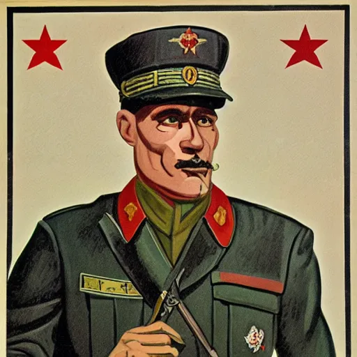 Image similar to a detailed and complex soviet propaganda poster depicting a dromaius in military uniform. painting by dmitri moor