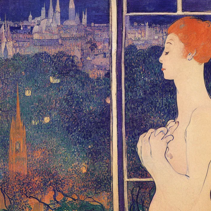 Image similar to sad woman and white cat with city with gothic cathedral and tall trees seen from a window frame with curtains. night with glowing stars with fireflies. mikalojus konstantinas ciurlionis, henri de toulouse - lautrec, utamaro, matisse, monet