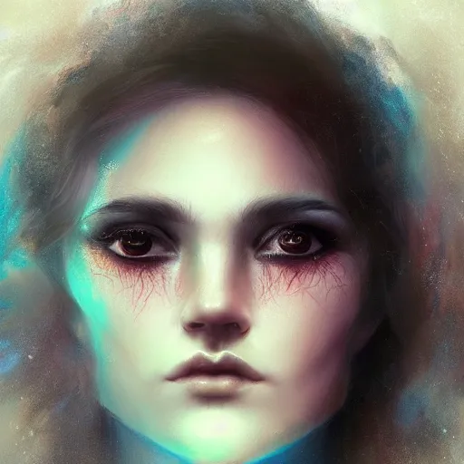 Image similar to head and shoulders portrait of an angelic creature, dark fantasy, mystic, abstract background, feminine beauty, elegant, intricate, face, medium shot, trending on artstation, volumetric light, by Fernanda Suarez and Karol Bak