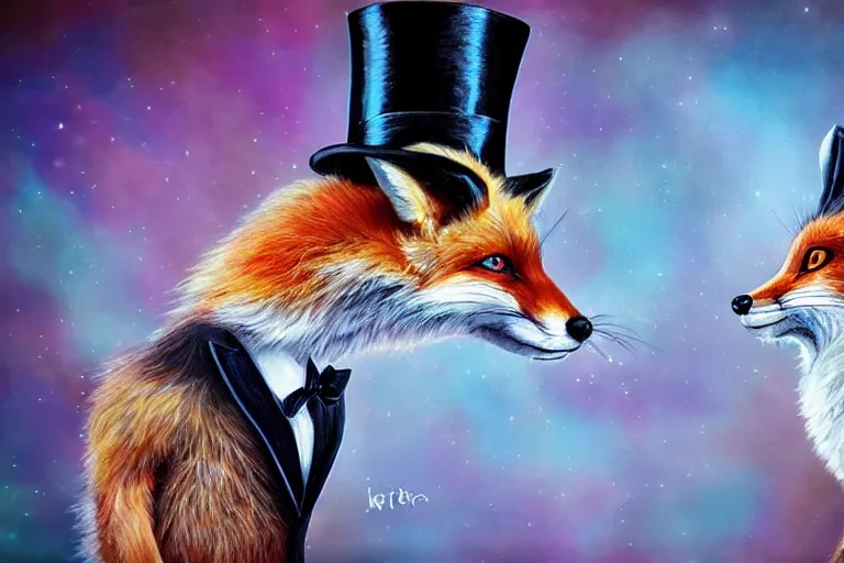 Image similar to the fox in the top hat whispered into the ear of the rabbit. photo - realistic hd, hyperrealism, colourful, highly detailed, cinematic, luminescence, 3 2 k, dop, high contrast, intricate, mystery, epic, fantasy