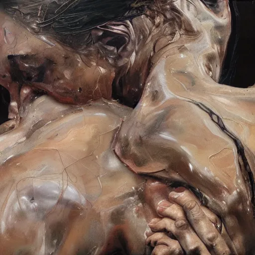 Image similar to body sculptures made with oil painting, brush strokes, by jenny saville. Dark atmosphere. volumetric