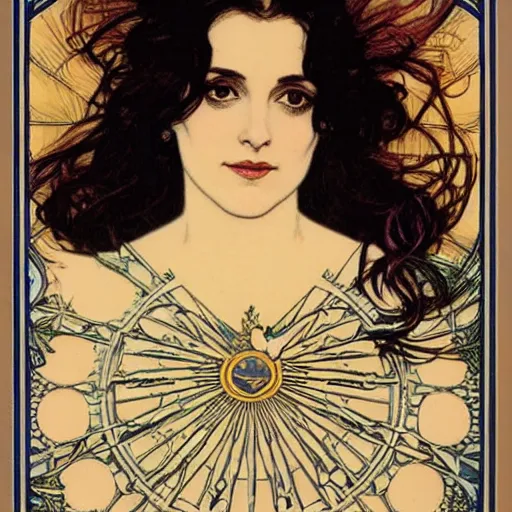 Image similar to winona ryder portrait by louis - theophile hingre and alphonse mucha, realistic, sharp focus, zodiac signs, tarot cards, planets, ethereal, art nouveau, magic, moon, sun, crown, dreamy, royal, jewellery