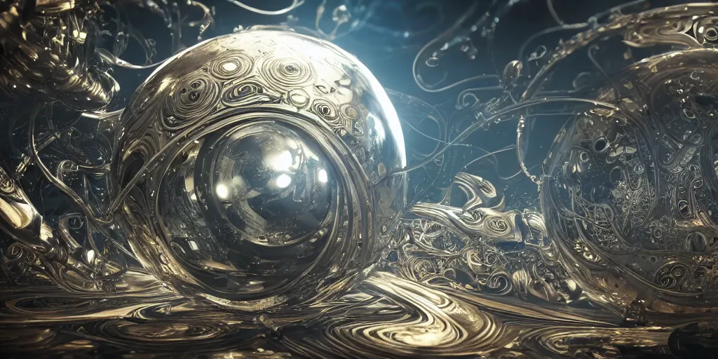 Image similar to swirling abstract cyborg parts and bio - mechanical tendrils and ornate flowing smoke streams and liquid light streaks surround a small metallic sphere, cinematic, unreal engine