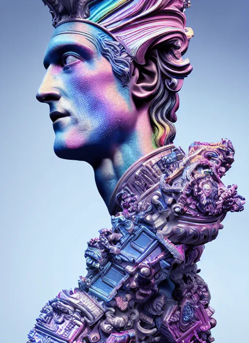 Prompt: stylized rainbow bismuth ornate statue full body made of marble of caesar, perfect symmetrical body, perfect symmetrical face, hyper realistic, hyper detailed, by johannen voss, by michelangelo, octane render, blender, 8 k, displayed in pure white studio room