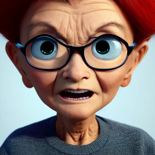 Image similar to super cute but angry gran, portrait, face symmetry, centered, anime style, disney character style, octane render, symetrical portrait, 3 d, pixar, disney, epic lighting, cinematic composition, hyperrealistic, 8 k