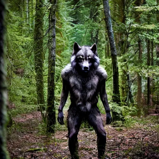 Image similar to standing werecreature consisting of a human and wolf, photograph captured in a forest