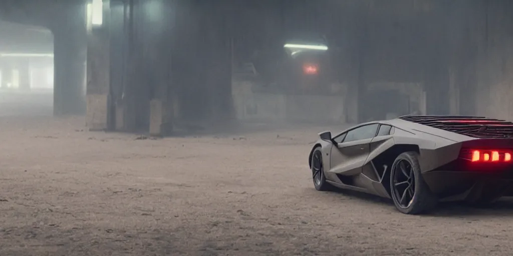 Image similar to A cinematic film still of a Lamborghini in the movie Blade Runner: 2049.