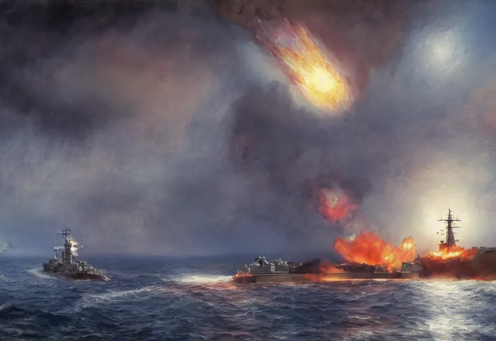 Image similar to the wwii battleship USS iowa firing a nuclear warhead at an island fortress in the style of william turner coastal landscape. dramatic concept art, 4k, high detail, volumetric lighting