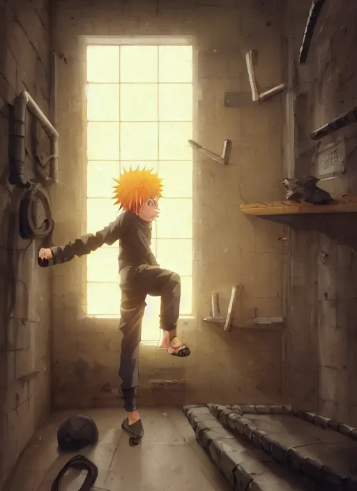 Image similar to highly detailed prison cell with naruto uzumaki with black hair, metal bars in window, powerfully punching a wall, art by greg rutkowski, loish, rhads, ferdinand knab, makoto shinkai and lois van baarle, ilya kuvshinov, rossdraws, tom bagshaw, global illumination, radiant light, detailed and intricate environment