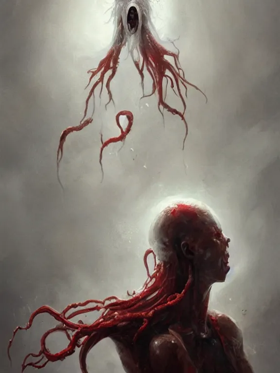 Image similar to painting by greg rutkowski of a flying sorrowful looking human head with tears running down it's eyes, face that is chalk white in color, with long sprawling white tentacles stemming down it's neck, fiery scorching red eyes, flying in a terrying hellish dark cavernous place