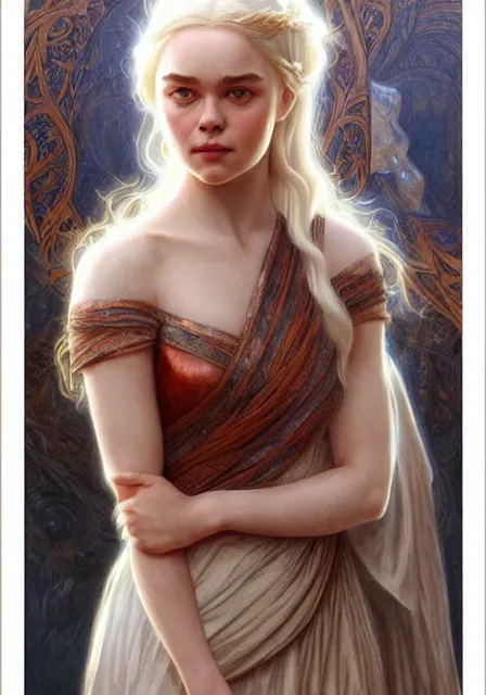 Image similar to daenerys elle fanning, intricate, elegant, highly detailed, digital painting, artstation, concept art, smooth, sharp focus, illustration, art by artgerm and greg rutkowski and alphonse mucha and william - adolphe bouguereau