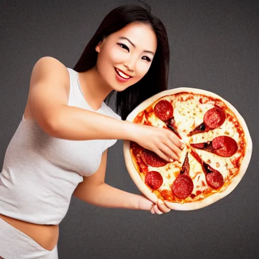 Prompt: Asian superhero lady is baking pizza, hd photo