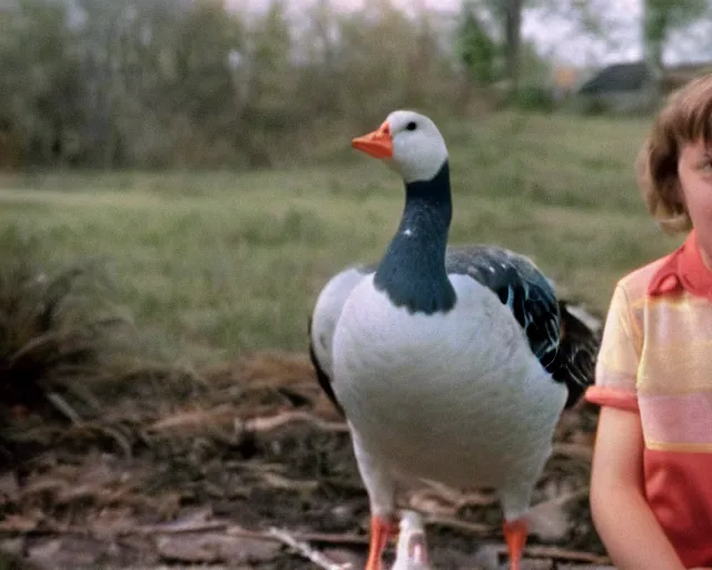 Image similar to a movie still from 'A Goose Set my House on Fire', 40mm tape, technicolour film, goose!!!!!, letterboxing, widescreen