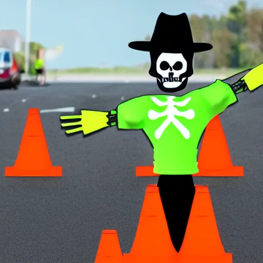 Image similar to a skeleton with traffic - cones instead of hands