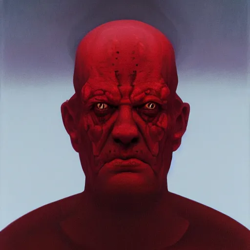 Prompt: lord loss, king of hell & sadness, book portrait, pale red, lumpy skin, he has very dark - red eyes with even darker red pupils. symmetric lights and fog, in the style of zdzislaw beksinski, glowing light and shadow, hyperrealist, 8 k