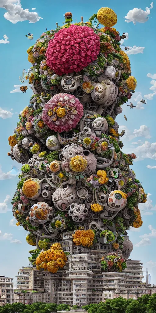 Image similar to colossal grotesque flower made from best unfulfilled mankind projects in the middle of abandoned post soviet constructivist cityscape, Stalinist architecture, ultradetailed, Intricate by Hayao Miyazaki and Josan Gonzalez and Makoto Shinkai and Giuseppe Arcimboldo and Wes Anderson