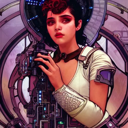 Prompt: romantic cyberpunk portrait of a Colombian girl by Kowalski and Heckel and Ríos and Rutkowski and Mucha and Brom