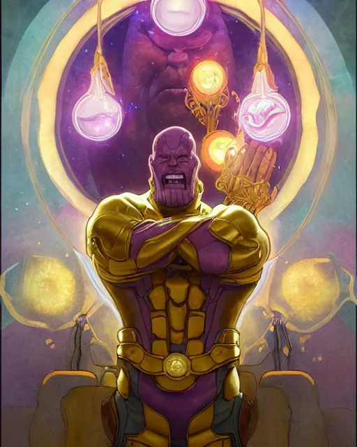 Prompt: thanos using the infinity stones to summon fried eggs, highly detailed, gold filigree, romantic storybook fantasy, soft cinematic lighting, award, disney concept art watercolor illustration by mandy jurgens and alphonse mucha and alena aenami, pastel color palette, featured on artstation