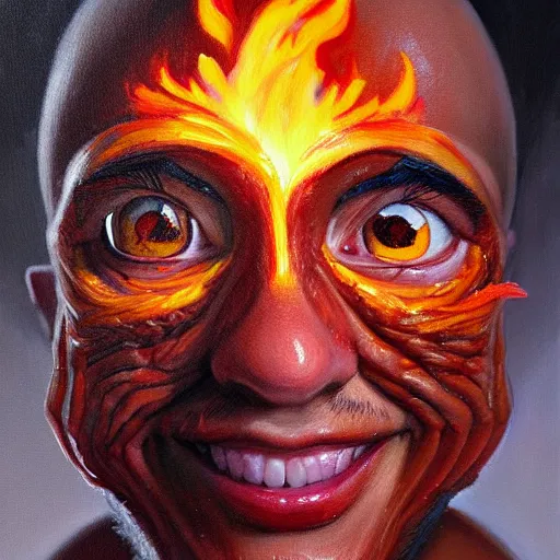Prompt: a hyper realistic painting of a young fire - man, all face covered with a fire, coherent symmetrical eyes, cunning smile, by jeffrey smith, by andrea kowch, by steve henderson, masterpiece, trending on artstation, sharp, details, hyper - detailed, hd, hdr, 4 k, 8 k