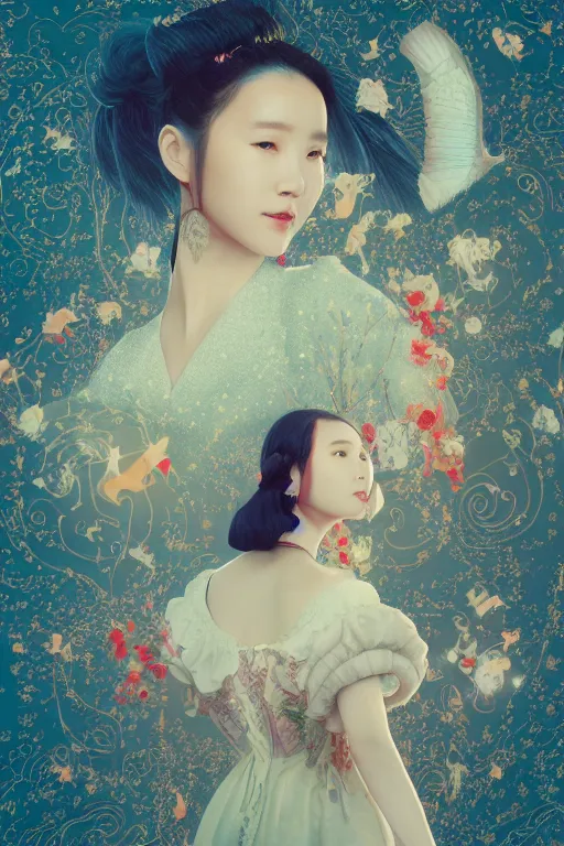 Image similar to Protrait of a Beautiful IU from Hotel del Luna, 3d blender, rule of thirds, flying over multiversal landscape, by James Jean