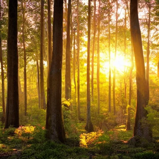 Prompt: a beautiful forest at sunset