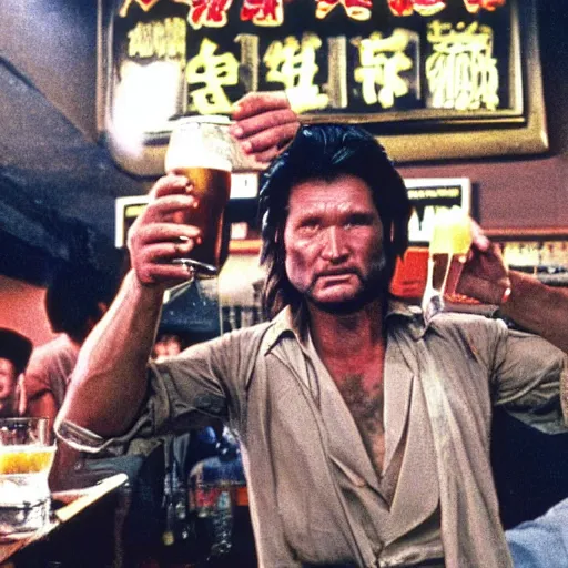 Prompt: Big trouble in little China, Jack Burton drinking beer, Chinatown bar, amazing shot, colorized, 1987