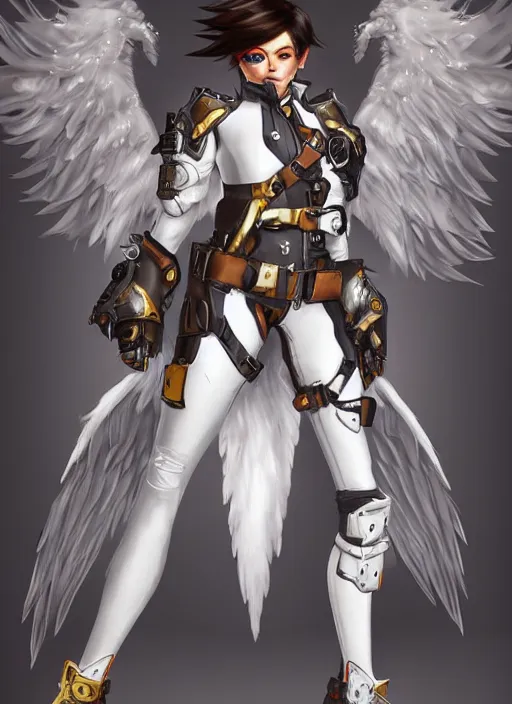 Image similar to full body artwork of tracer overwatch, wearing white latex and leather straps armor outfit, in style of mark arian, angel wings, dramatic painting, wearing detailed leather collar, ornate highly detailed armor, chains, black harness, detailed face and eyes,